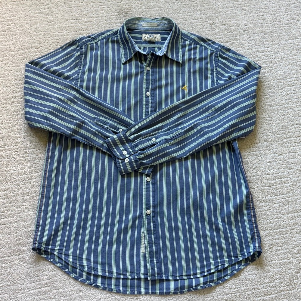 Club Room Pembroke Mens Large Fitted Striped Cotton Button Down Shirt Blue Green